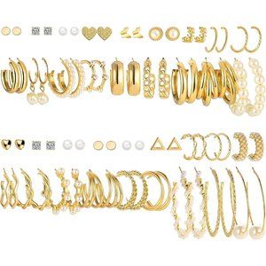 Women Gold 36 Pairs Pearl Chain Link Stud Drop Dangle Earrings Set